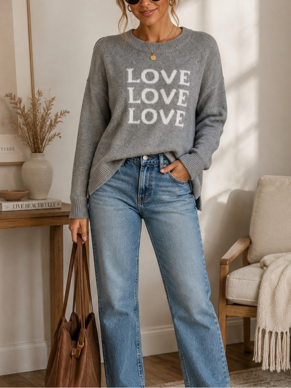 Miracle LOVE LOVE LOVE Gray Knit Sweater S/M Cozy Crewneck High-Low Hem